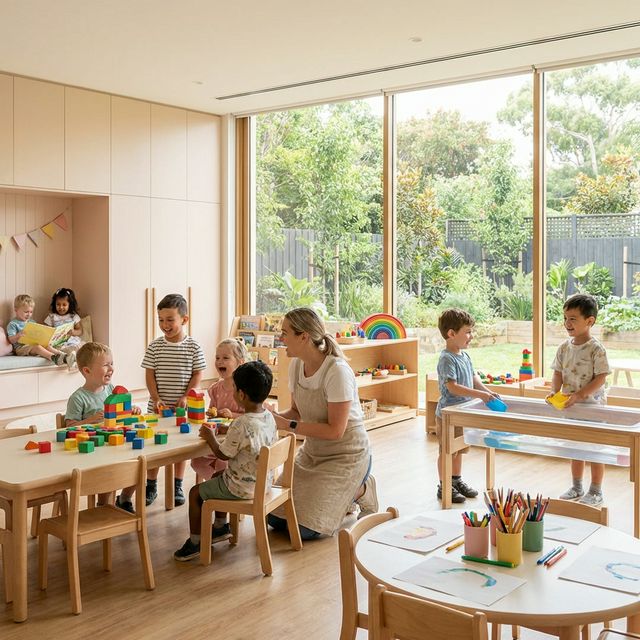 Children learning in a bright, modern MommaBear classroom